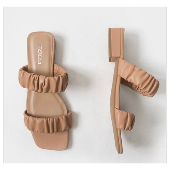 Soda Shoes - SODA Scrunch Square Toe Womens Nude Block Heel Sandals Size 7.5